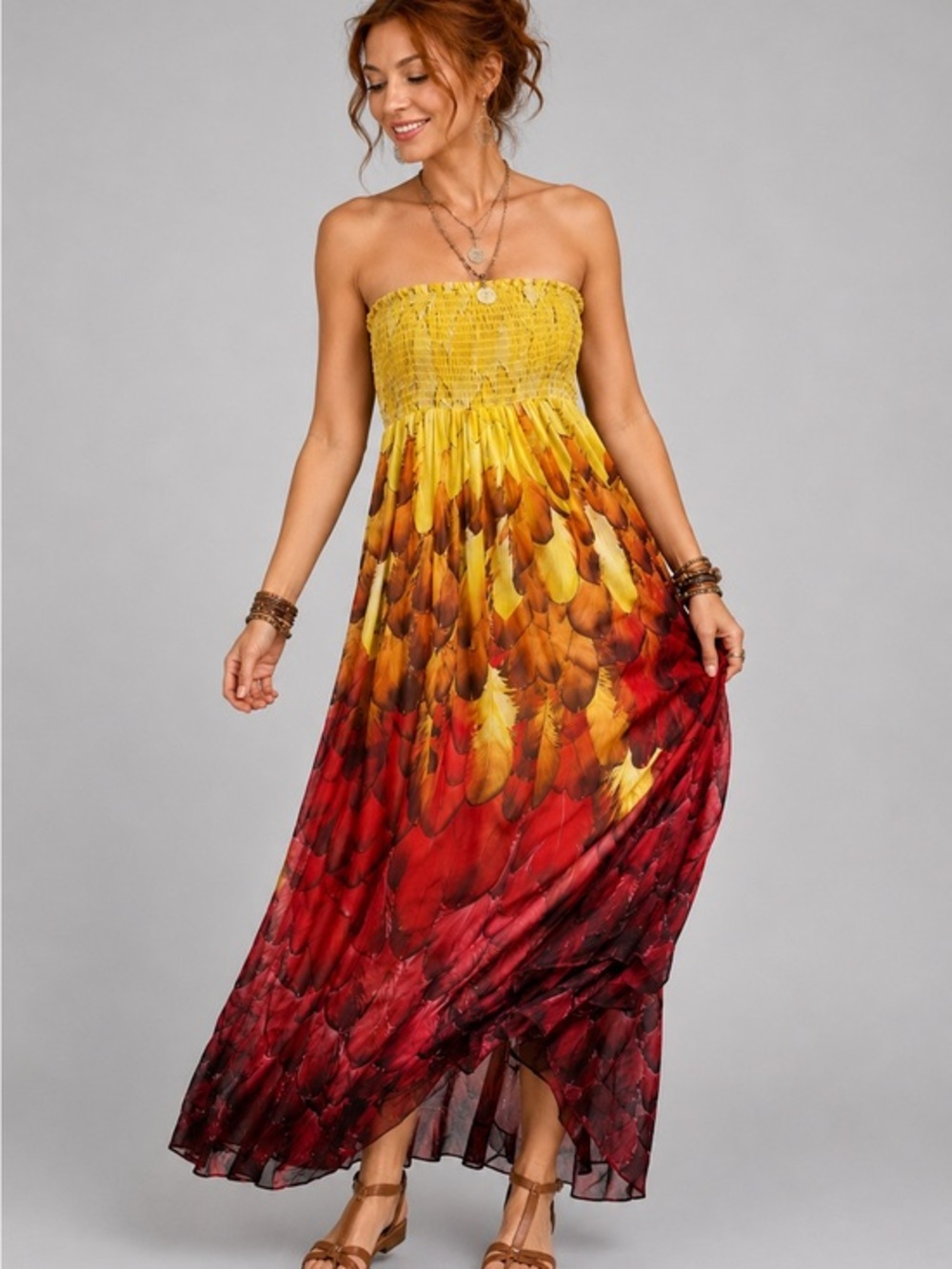 Forever 21 festival Strapless Feather Print Maxi Dress Yellow Red Brown